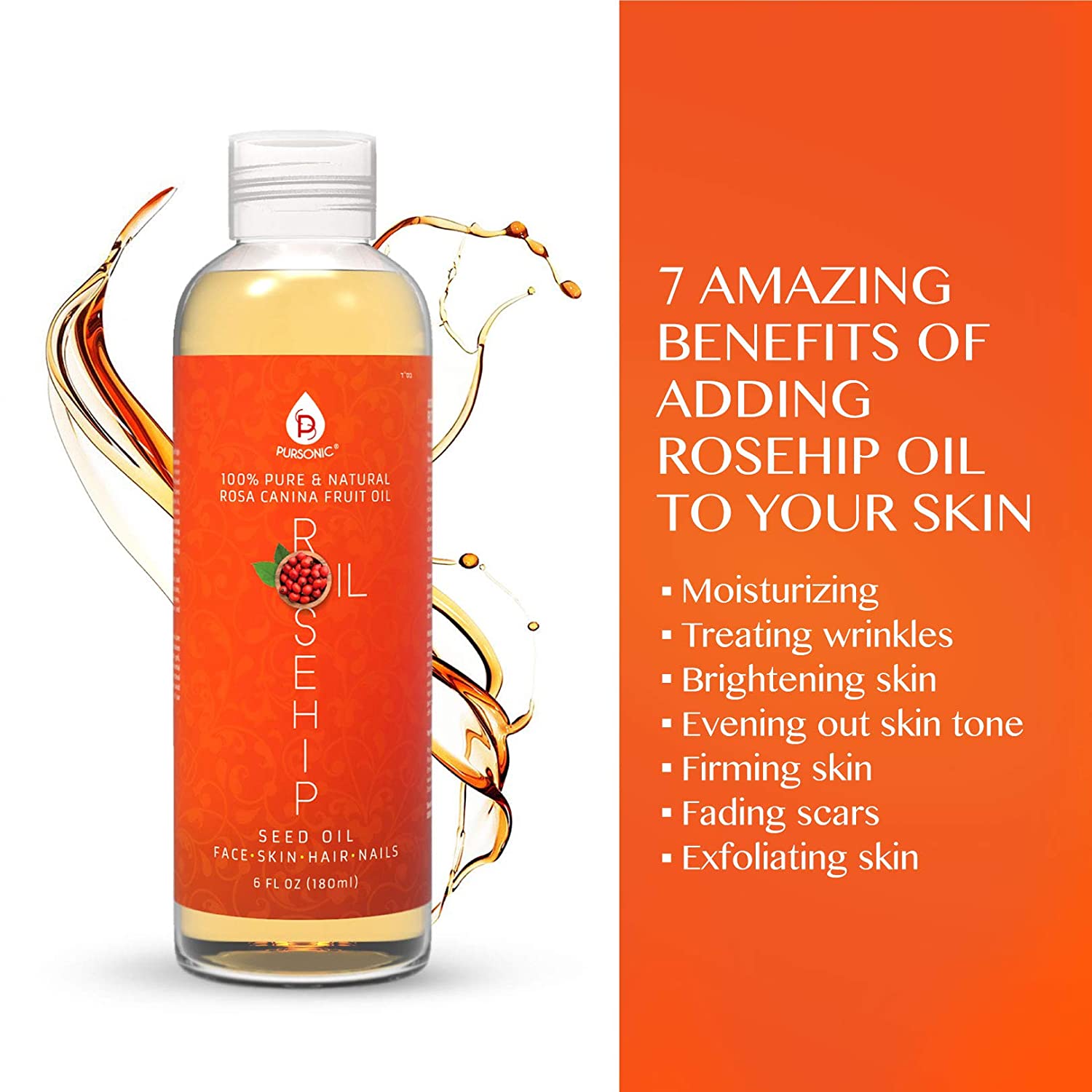 Pursonic Cold Pressed Premium Rosehip Seed Oil 6 Oz